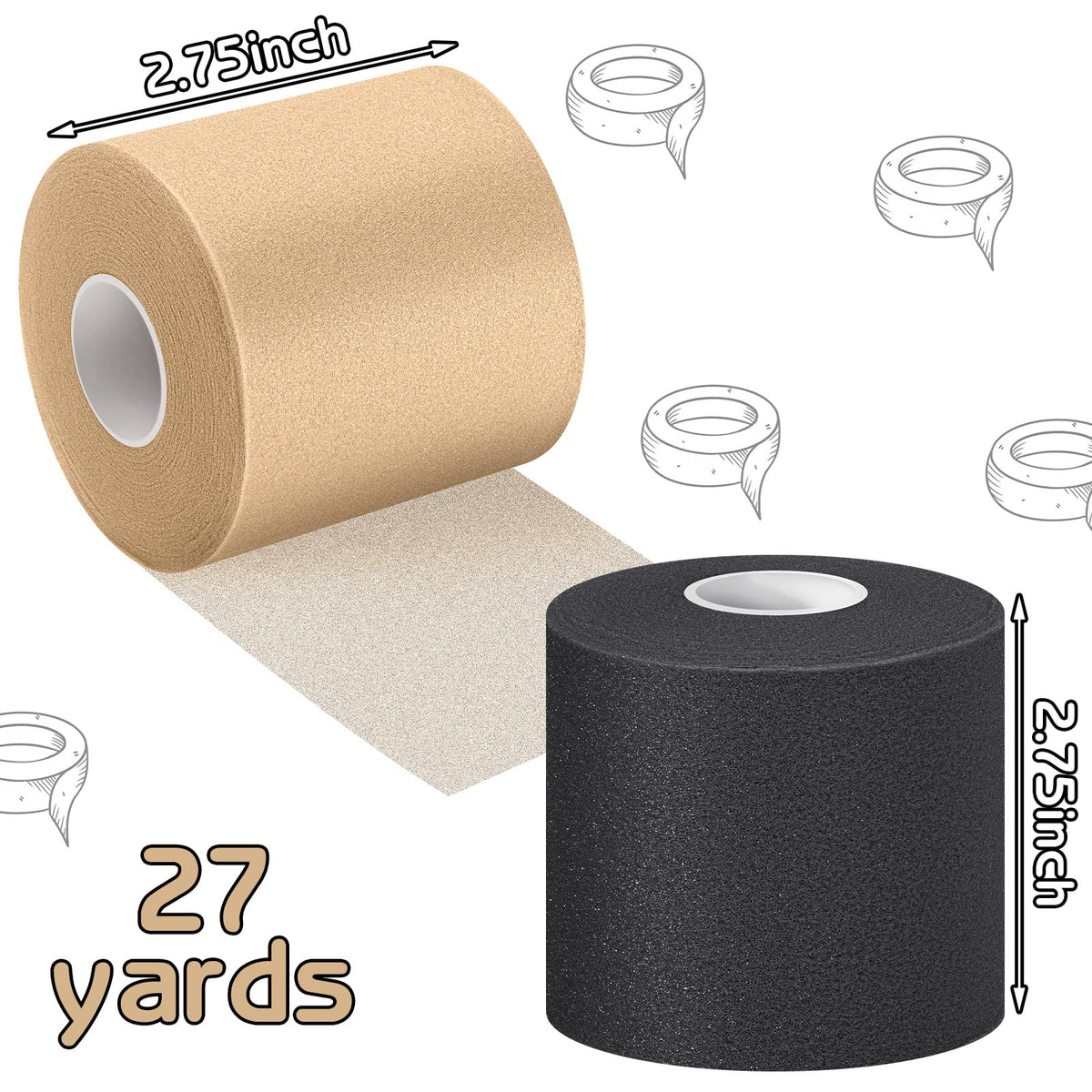 Nuanchu 24 Pieces Wrap Athletic Tape 2.75 Inches x 30 Yards Athletic Foam Underwrap Tape for Hair Soccer Sport Pre Wrap Ankles Wrists Hands and Knees(Black, Beige)