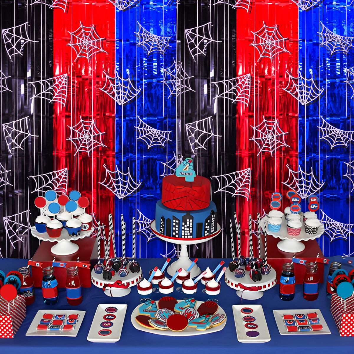 Bupelo Spider Web Birthday Decorations, 2 Pack Spider Party Supplies 3.3x6.6ft Tinsel Foil Fringe Curtains, Red Black, and Blue Photo Booth Prop Backdrop Streamer, Birthday Decor, Party Decor for Boys