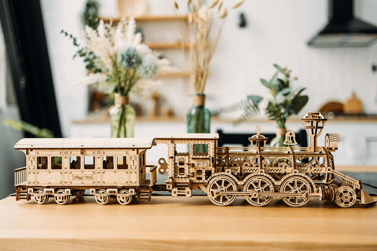Wood Trick Wooden Toy Train Set with Railway - 34x7″ - Locomotive Train Toy Mechanical Model Kit - 3D Wooden Puzzles for Adults to Build - Engineering DIY Models for Adults to Build