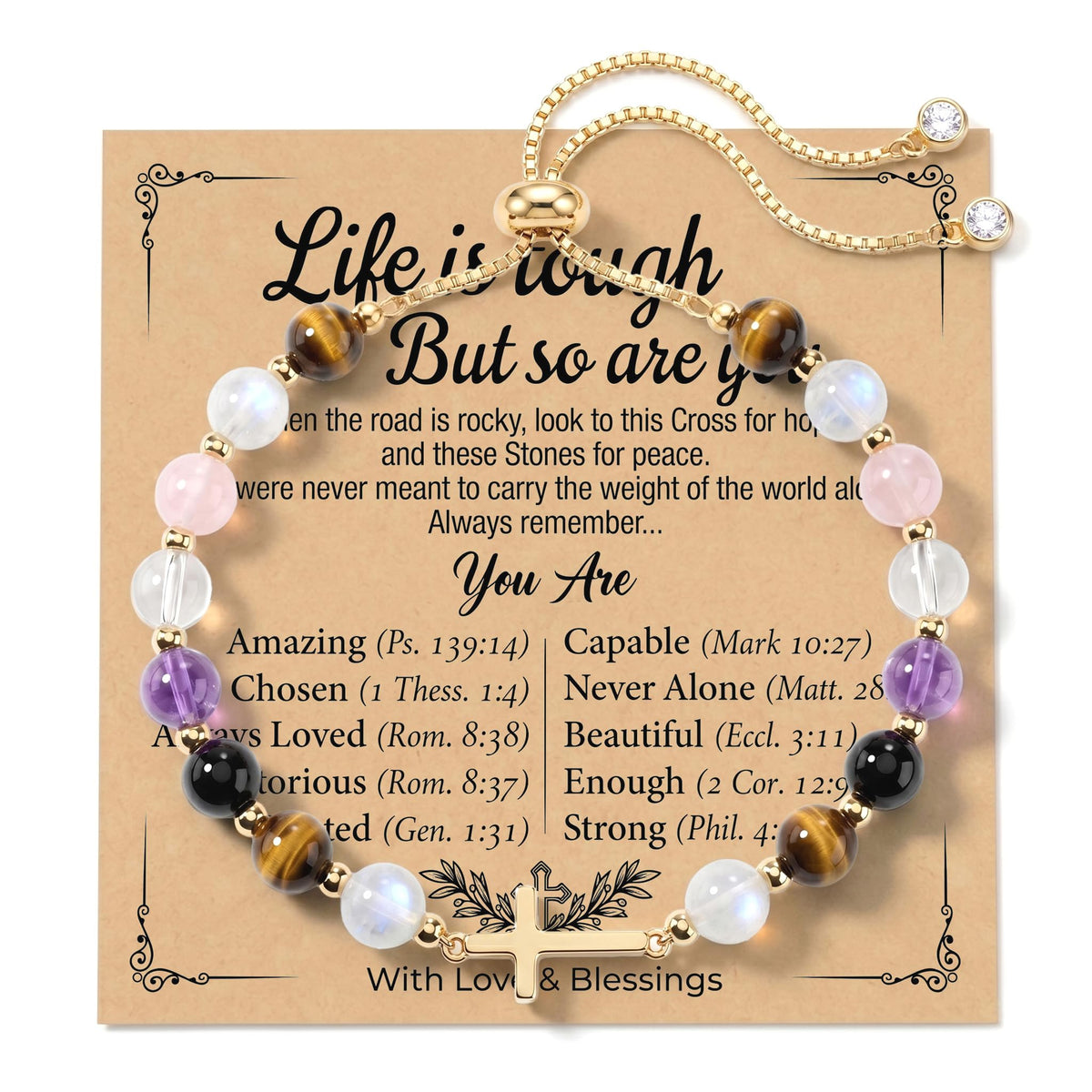 Aghfacy Encouragement Gifts for Women Cross Bracelet Natural Gemstone Crystal Bracelet Gold Cross Charm Christian Encouragement Gift Inspirational Gifts for Women Adjustable with Message Card