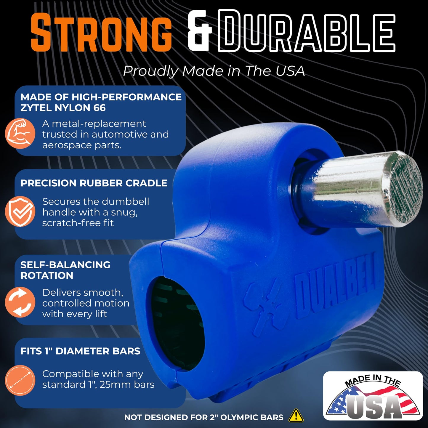Blue DUALBELL Superset for 1” bar and black weight collars- Home gym dumbbell to barbell adapters - Connect Dumbbells to 1” standard diameter bar to replace weight plates- holds up to 100lb dumbbell