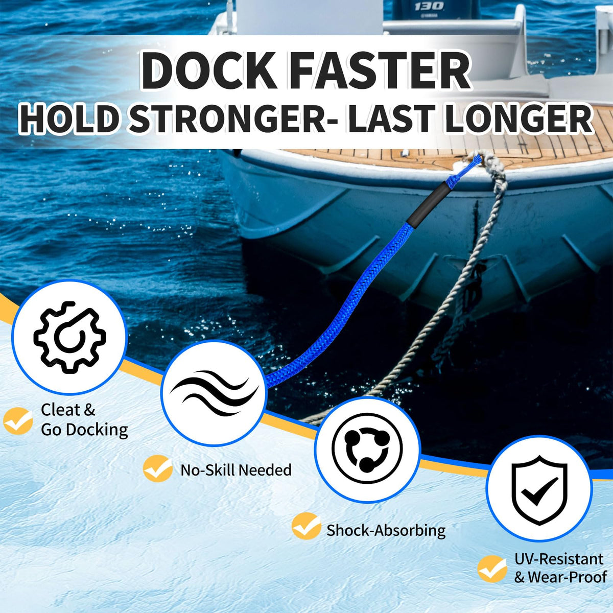 7FT Bungee Dock Lines for Boats – Extra-Long Elastic Mooring Rope with Loops – Quick & Easy Docking for Pontoon, Jet Ski, Kayak, Bass Boat – (Blue)