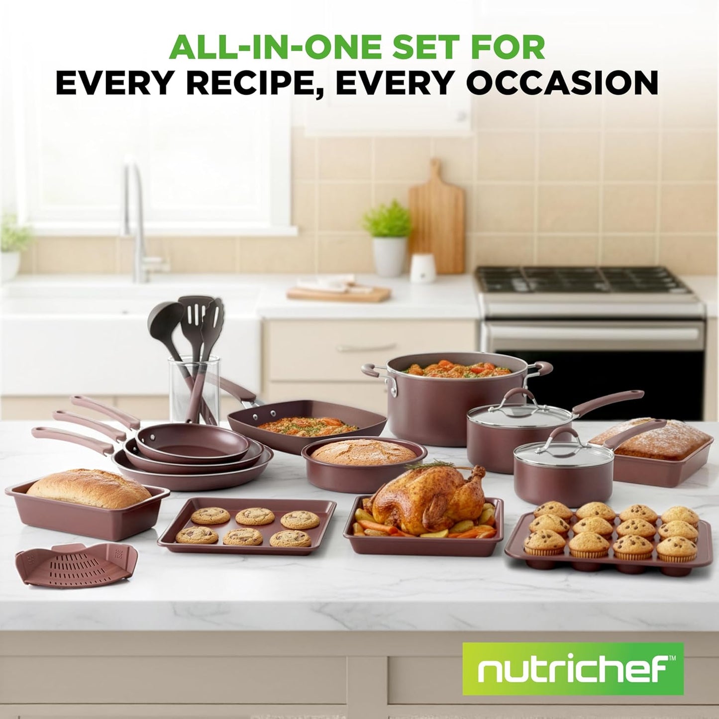 NutriChef 20-Piece Non-Stick Cookware & Bakeware Set - Cool-Touch Handles, Easy Clean, Brown