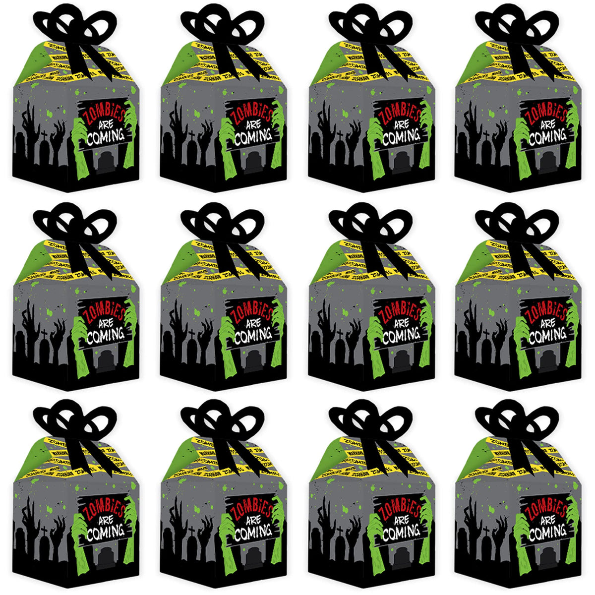 Big Dot of Happiness Zombie Zone - Square Favor Gift Boxes - Halloween or Birthday Zombie Crawl Party Bow Boxes - Set of 12