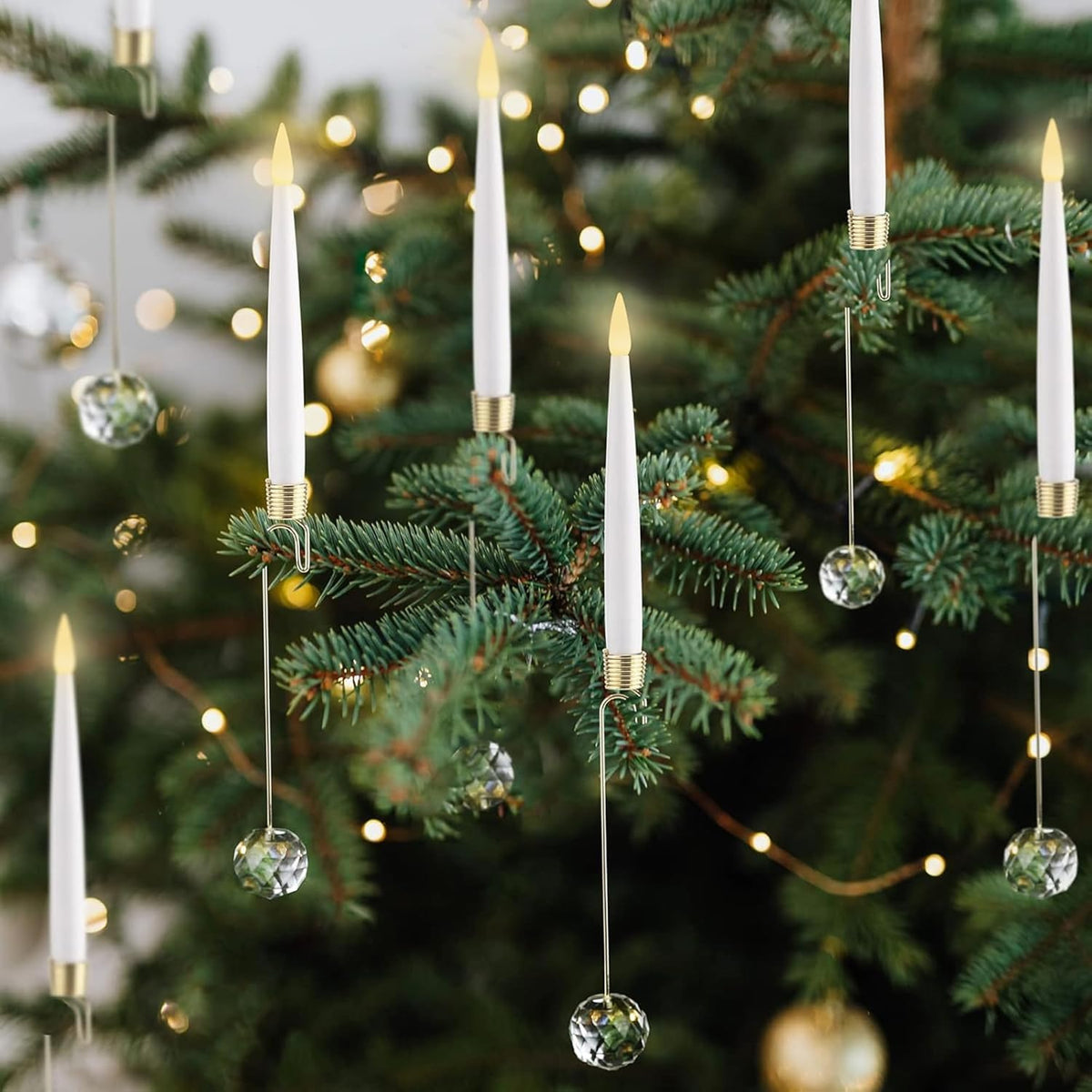 LUSHARBOR Flameless Taper Candles - 10 Pack LED Christmas Tree Decor with Remote & Crystal Ball Hook
