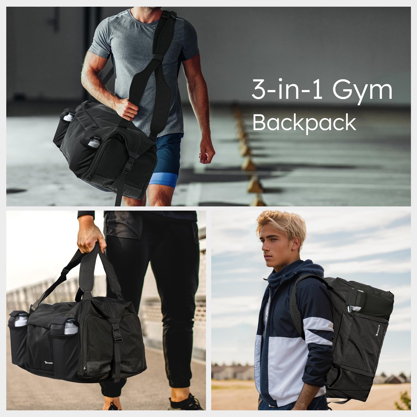 Kookoomia Gym Bag for Men with 2 Upgraded Bottle Holders Convertible Duffle Bag and Gym Backpack Waterproof Sports Bags with Shoes Compartment and Wet Pocket - Black