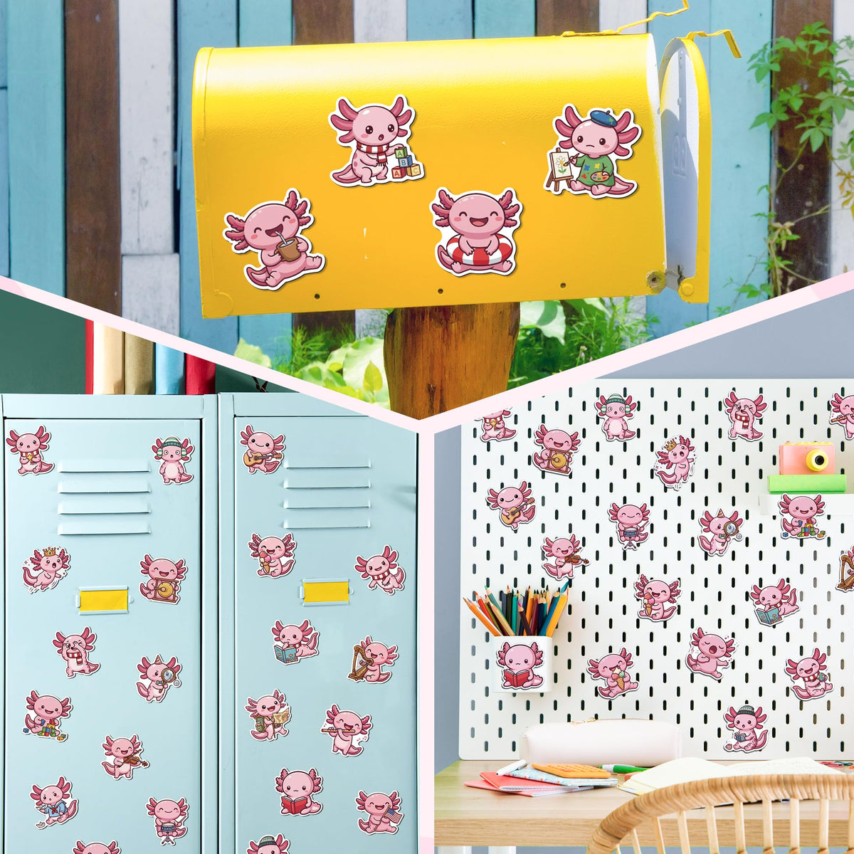 MALLMALL6 Axolotl Fridge Magnets, 48Pcs Cute Salamander Refrigerator Magnetic Sticker Summer Pink Decor Accessories with Ice Cream Guitar for Home Kitchen Office Locker Mailbox, Adorable Kawaii Gift