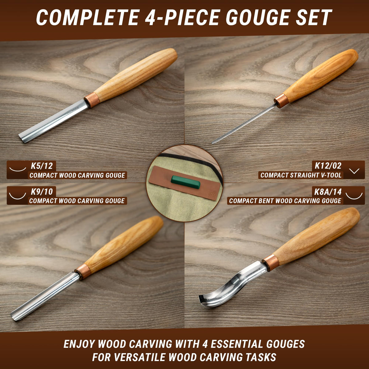 BeaverCraft Wood Carving Gouges Chisels Kit SC01 - Wood Spoon Carving Chisel Set - Whittling Tools Includes Radial Gouges, Flat Chisel, Bent Gouge, Leather Strop & Rolling Pouch