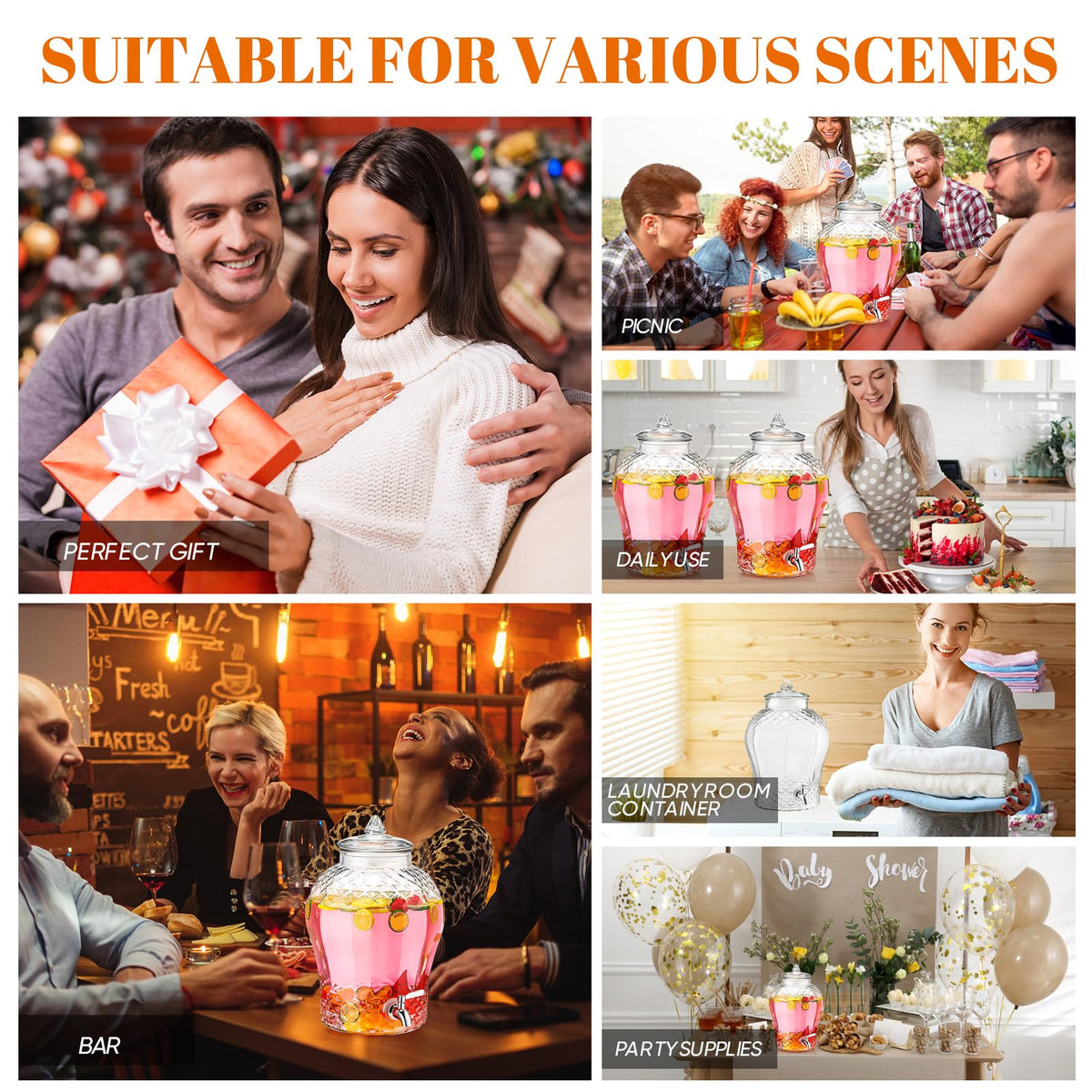 Baderke 4 Gallon Glass Drink Dispenser for Parties Beverage Dispensers Glass Water Dispenser with18/8 Stainless Steel Leakproof Spigot Hanging Chalkboard Signs Pen for Party Wedding (Novel Style)