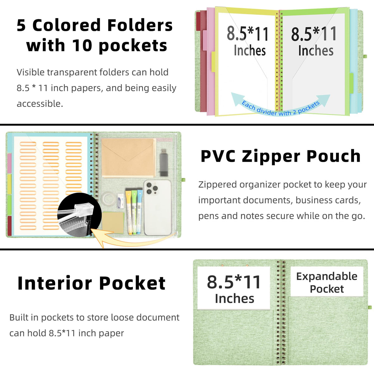 Ospelelf Green Foldable Spiral Clipboard Folio with Storage Zipper Pouch, 5 Plastic Folders with 10 Pockets, Refillable Lined Notepad (11" x 8.5"), Linen Hardcover Project Organizer