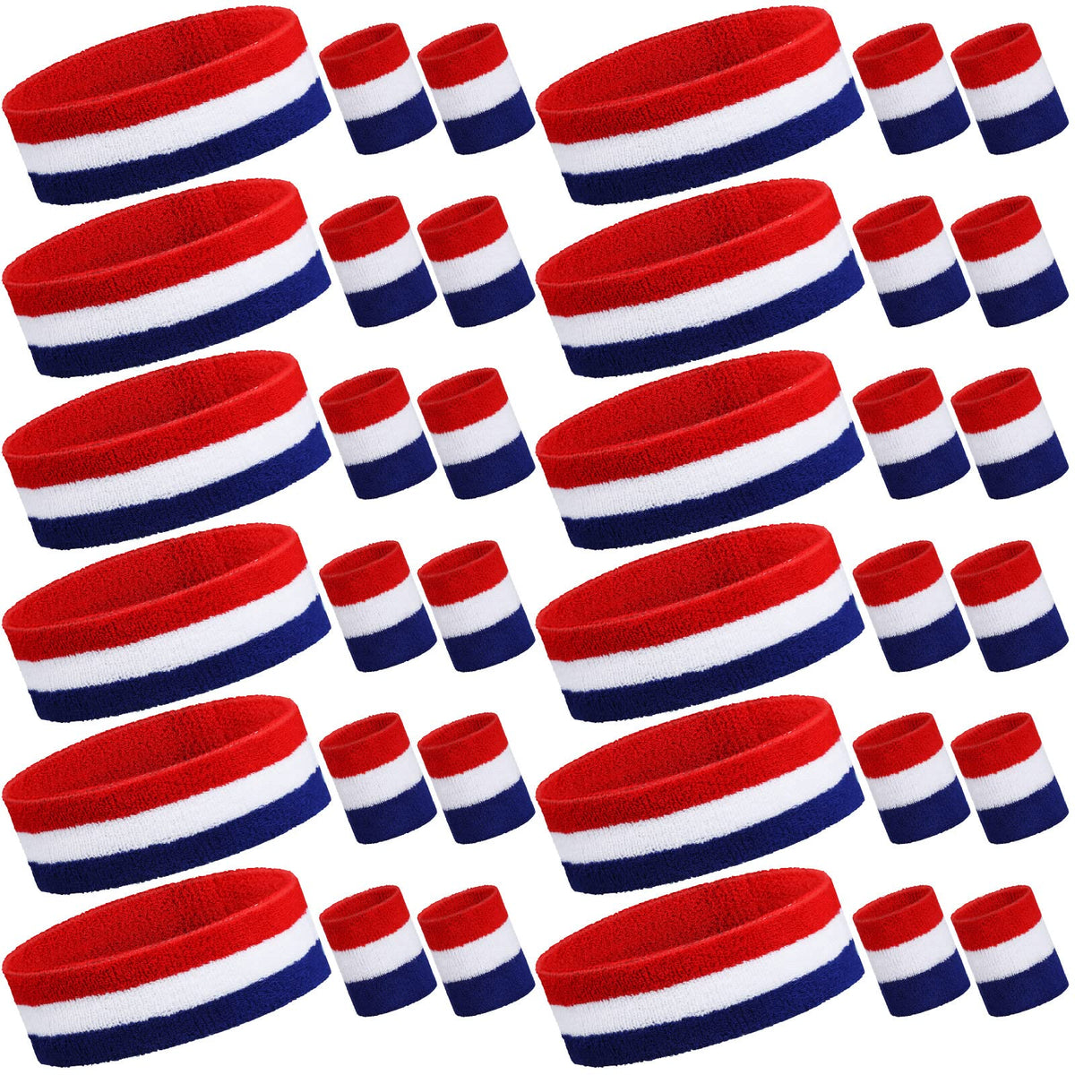 Eurzom 36-Piece Striped Sweatband Set: 12 Sweat-Absorbing Headbands and 24 Cotton Wristbands for Men, Women - Gym, Sports (White, Blue, Red)