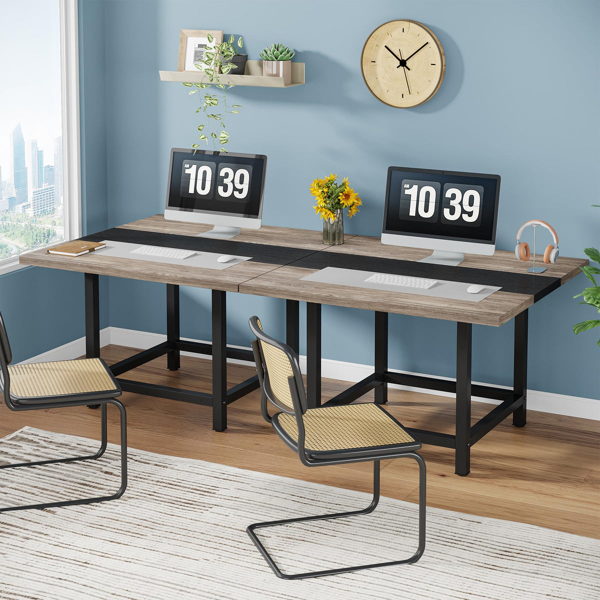 LITTLE TREE 6.5 Ft Conference Table, Modern Black Rectangle 78.74" L X 39.2" W X 29.52" H Wood Seminar Table for Office, Conference Room, 2 Separate Piece