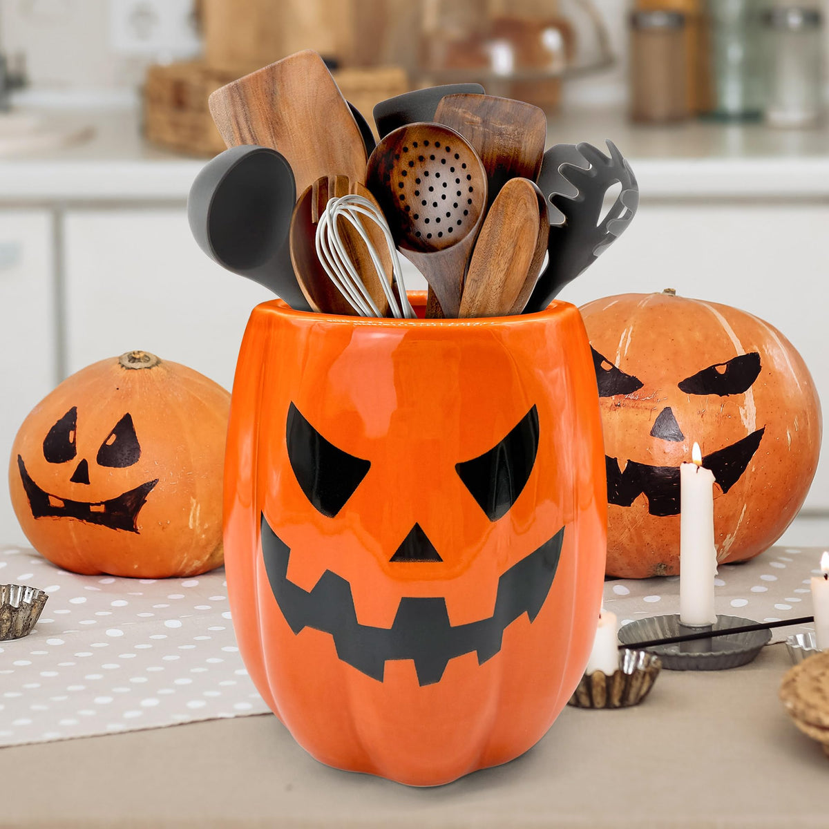 pinata Halloween Kitchen Decor Ceramic Pumpkin Utensil Holder, Cute Halloween Utensils Holder, Ceramic Utensils Crock for Rustic Farmhouse Indoor Kitchen Decorations(6.3 Inches)