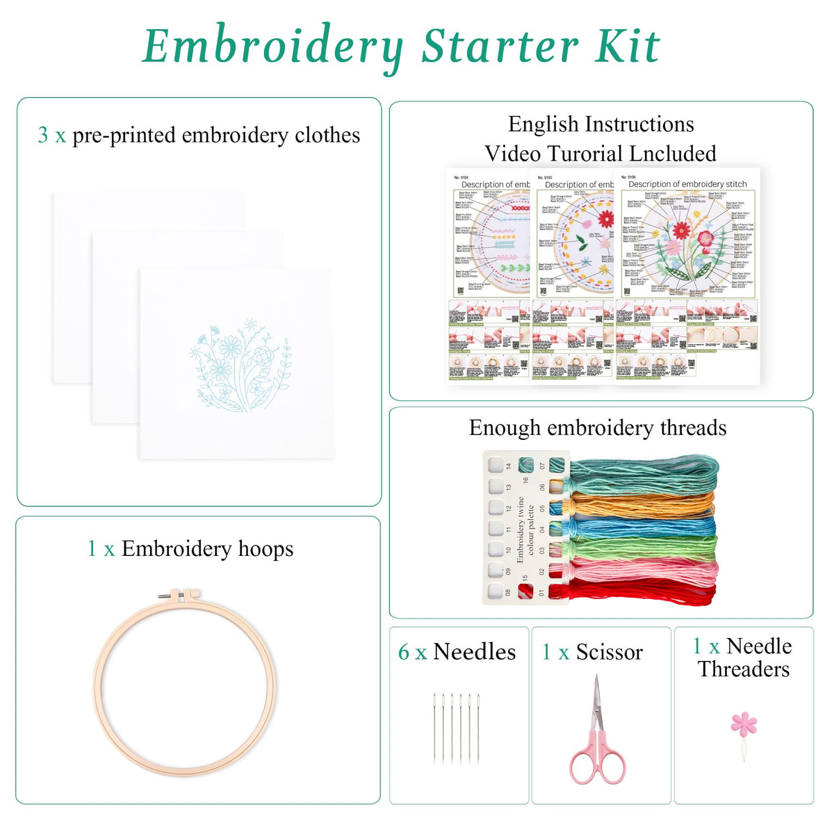 Harimau Bead Embroidery Starter Kit for Beginners (3 Sets) – Basic Flower Stitches, Includes Embroidery Hoop, Diagrams & Step-by-Step Video Tutorials – Gift for Craft Lovers