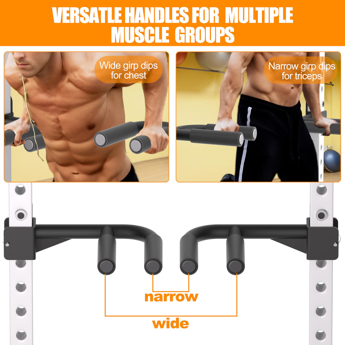 HWOOUSA Muti-Grip Dip Bars Attachment for 2" x 2" Power Cage with 5/8" or 1" Hole, Non-Slip Wide & Narrow Grip Dips Double Handles, 600 lbs Capacity, Squat Rack Attachment for Dips, Inverted Rows, Push-Ups
