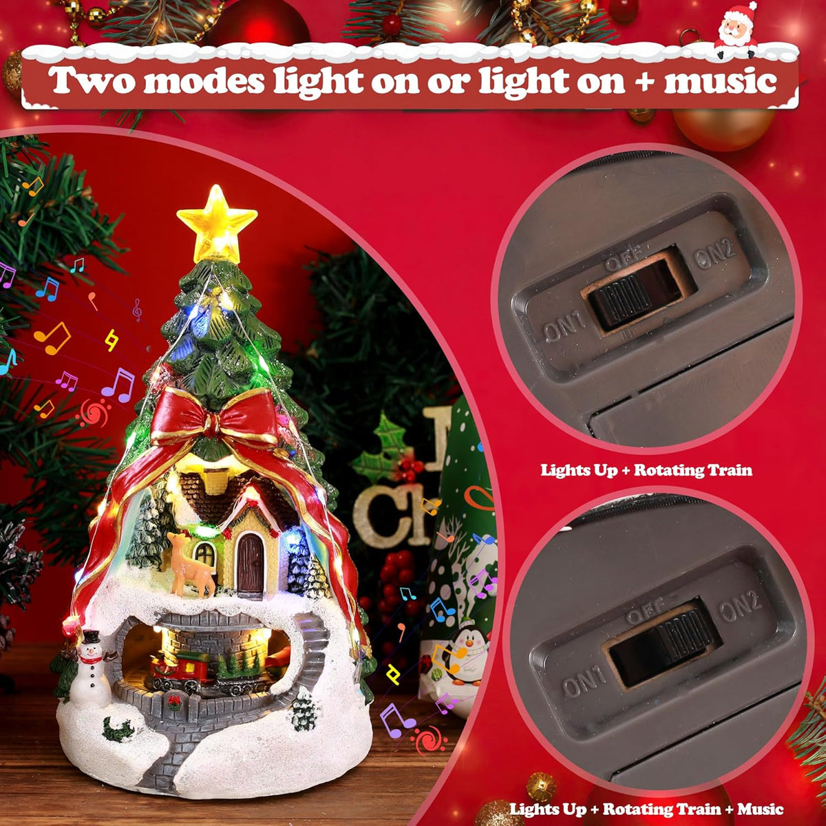 Musical Christmas Village with Spinning Train & Deer | Pre-Lit Artificial Tree - Battery & USB Operated