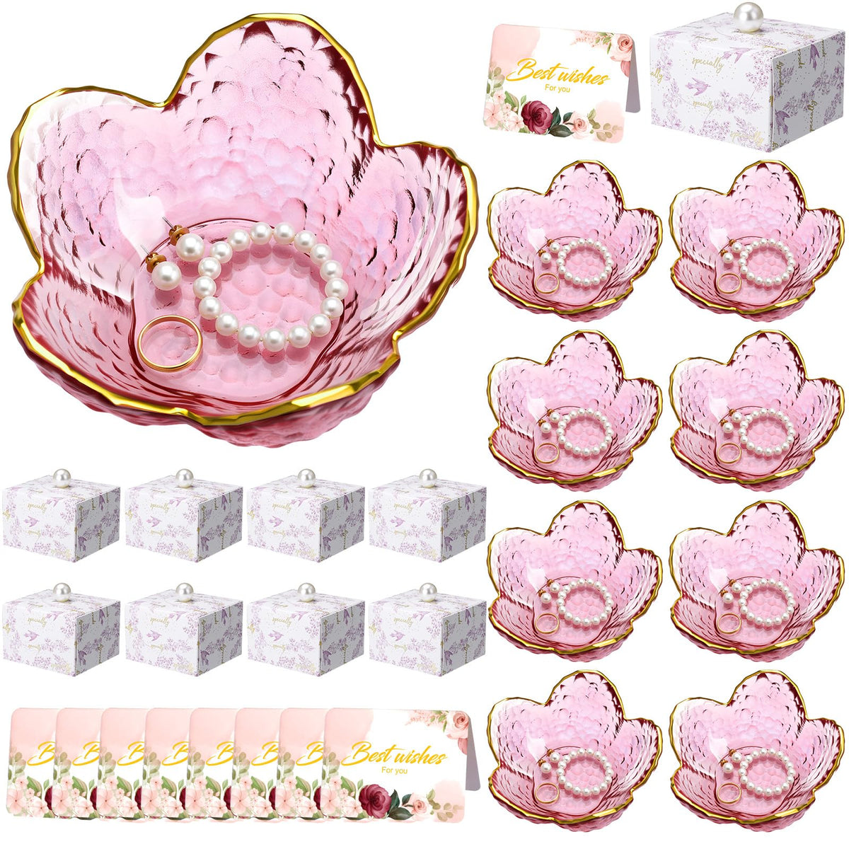 Quelay 8 Set Purple Flower Ring Dish Jewelry Tray with Box Greeting Card Small Glass Trinket Dish Tray for Earrings Jewelry Room Decor Bulk Appreciation Gift for Graduation Women Teacher Friends