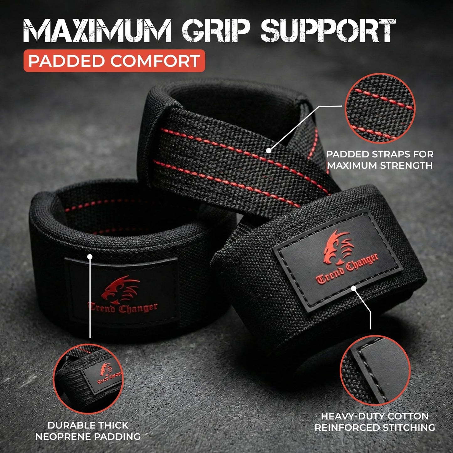 Trend Changer Figure 8 Lifting Strap Padded Deadlift Straps Heavy Duty Weight Lifting Straps Strongman Axle Bar Straps Weightlifting Wrist Wraps (Medium (Upto 8.0'' Wrist Circumference), Black/Red)
