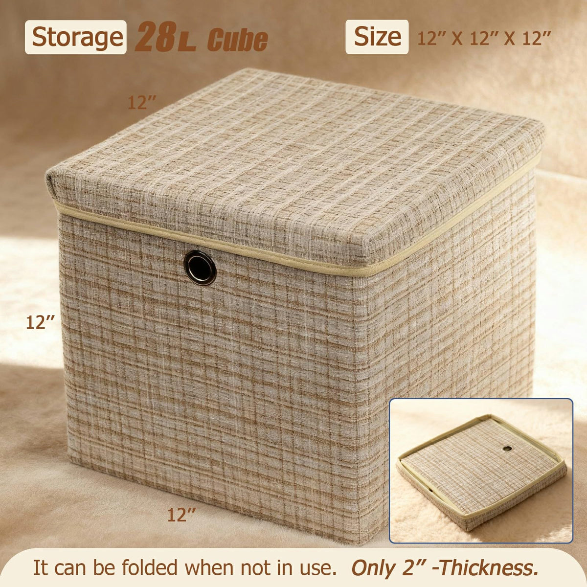 modscape 2-Pack 12"x12" Fabric Storage Bins with Lids, Collapsible Storage Bins for Clothes Toys, Sturdy Storage Cube for Bedroom Closet Shelves Home Organization (Shining Beige, 2)