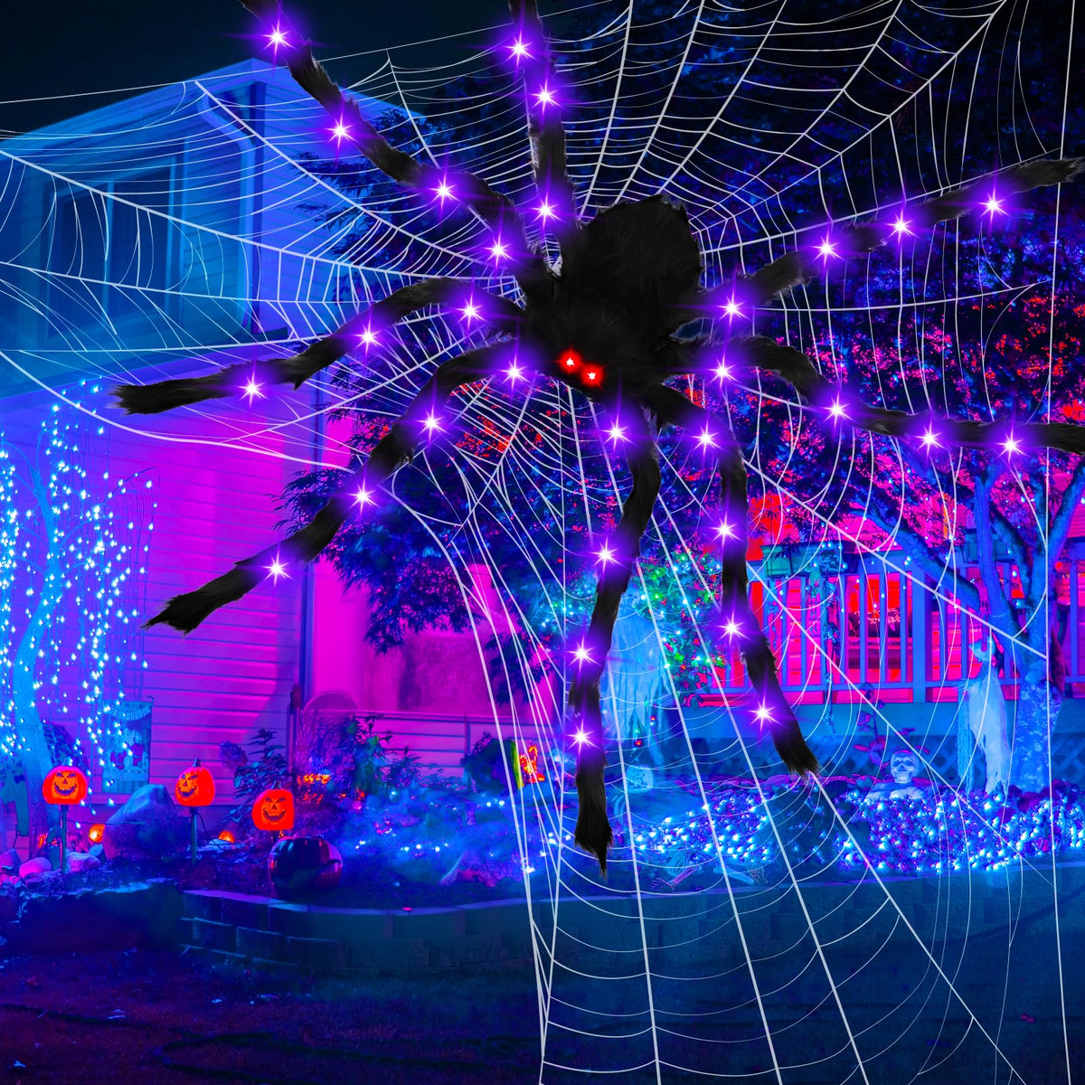 6.6 FT Giant Spider Halloween Decorations Light Up Scary Spider with Red LED Eyes Purple Lights for Yard Lawn Garden Porch Halloween Party Haunted House Indoor Outdoor Decor