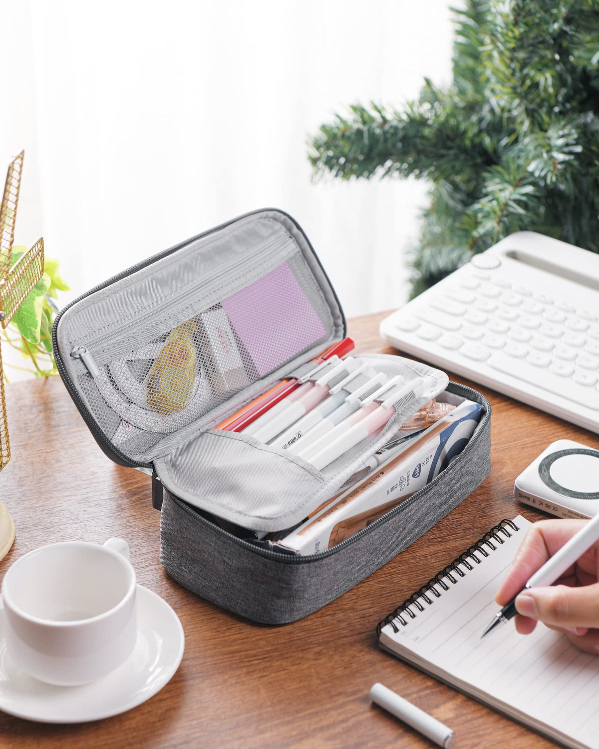 YOKUMA Pencil Case,Large Capacity Pencil Pouch,Aesthetic Zipper Pencil Box, Back to School Supplies for College Students Teen Adults,Travel Essentials,Electronic Cable Organize (Grey)