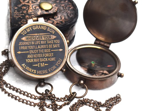 Engraved Brass Compass Gift for Grandson | Sentimental Keepsake for Birthday, Graduation, Baptism, Confirmation from Grandpa & Grandma
