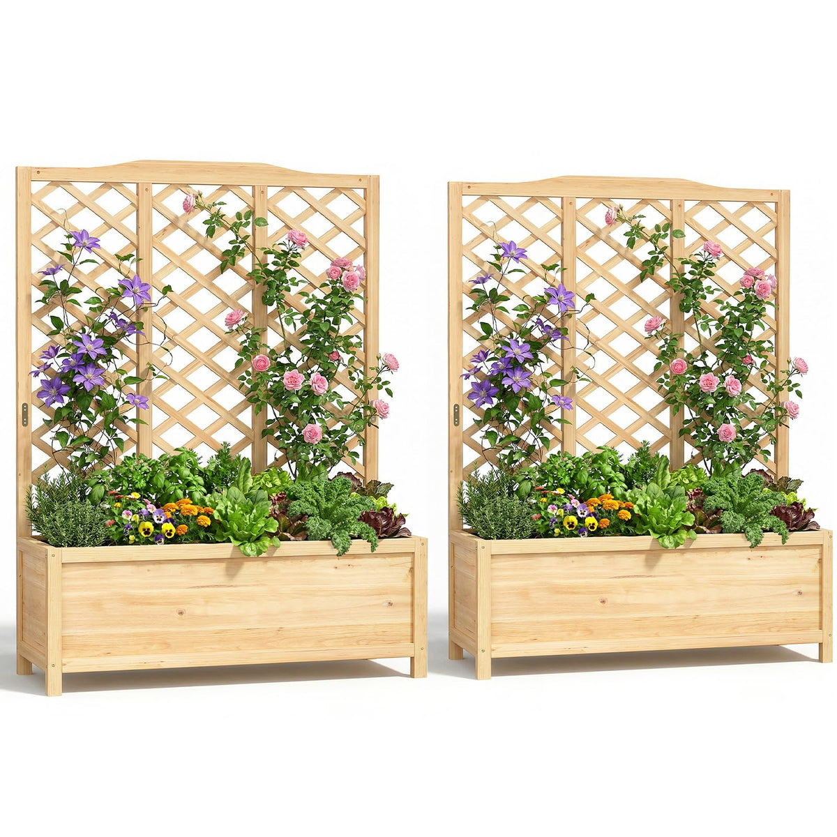 UrGROWA Wooden Raised Garden Bed with Trellis, Freestanding Planter Box with Drainage for Vines Climbing Plants Flowers Herbs, Elevated Gardening Planter for Backyard Balcony Patio