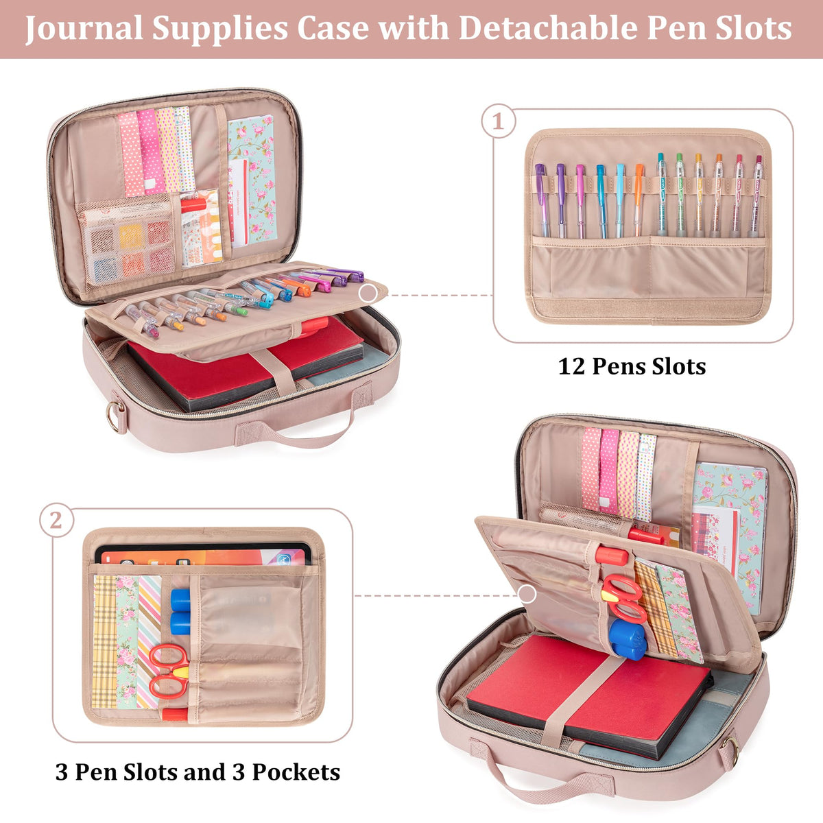 Teamoy Journal Supplies Storage Case, Journal Supplies Holder with Detachable Pen Slots, Travel Organizer Holder for B5 Notebooks, Planner, Pens, Journal Supplies and Accessories, Pink Quilted