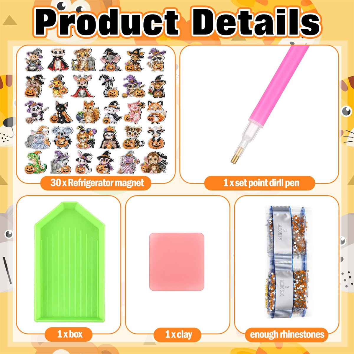 Xuhal 30 Pcs Halloween Diamond Painting Magnets Halloween Animal Diamond Art Magnet Kits for Adults Cute 5D Rhinestone Witch Hat Pumpkin Animal Refrigerator Magnetic Sticker for DIY Craft Fridge Gifts