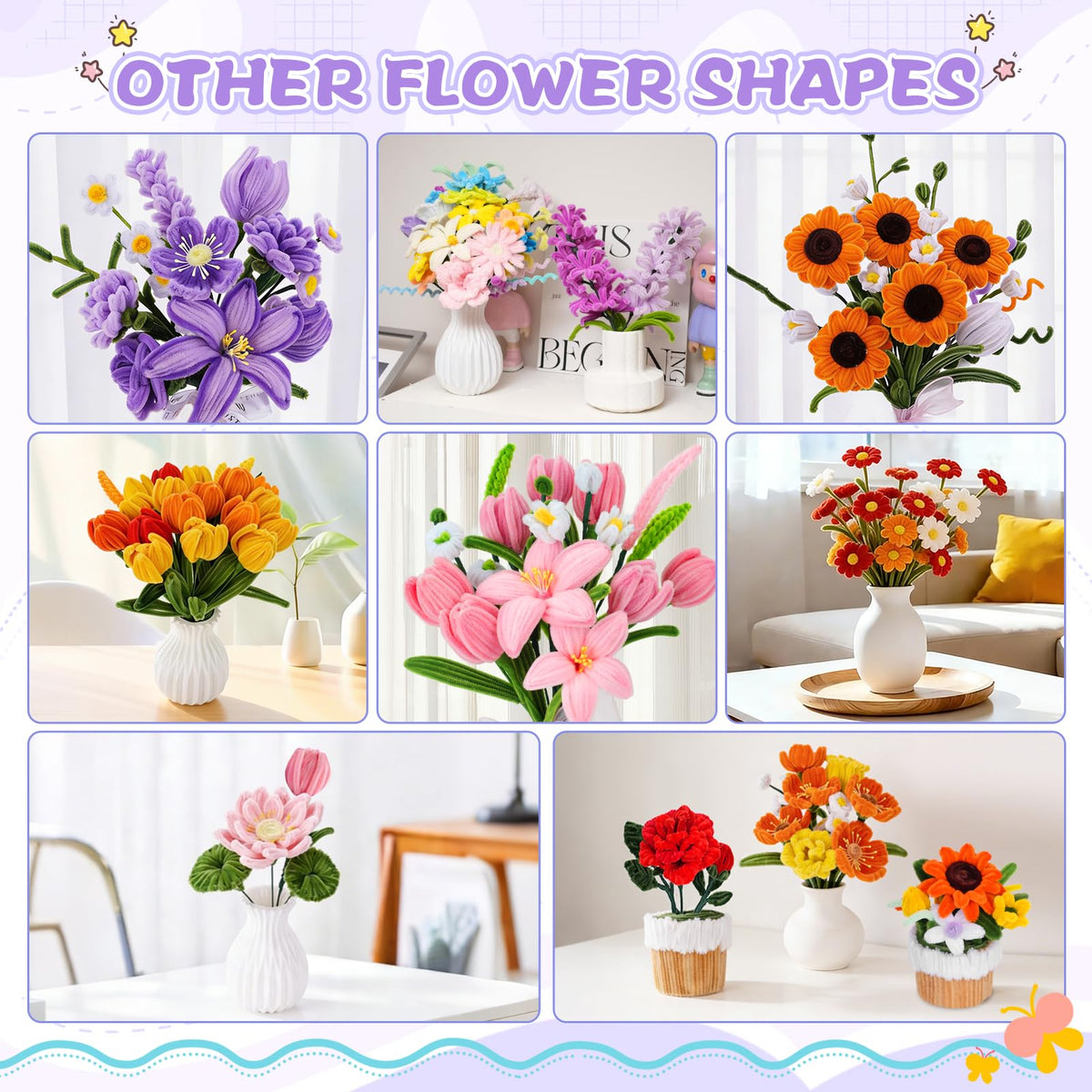 900 PCS Pipe Cleaners Craft, Pipe Cleaner Bulk Flower Kit 14 Colors Chenille Stems Flower Making Kit with Greeting Card, Floral Wires, Tape, Stamen, Floral Wrapping Paper & Ribbon for Art DIY Flowers