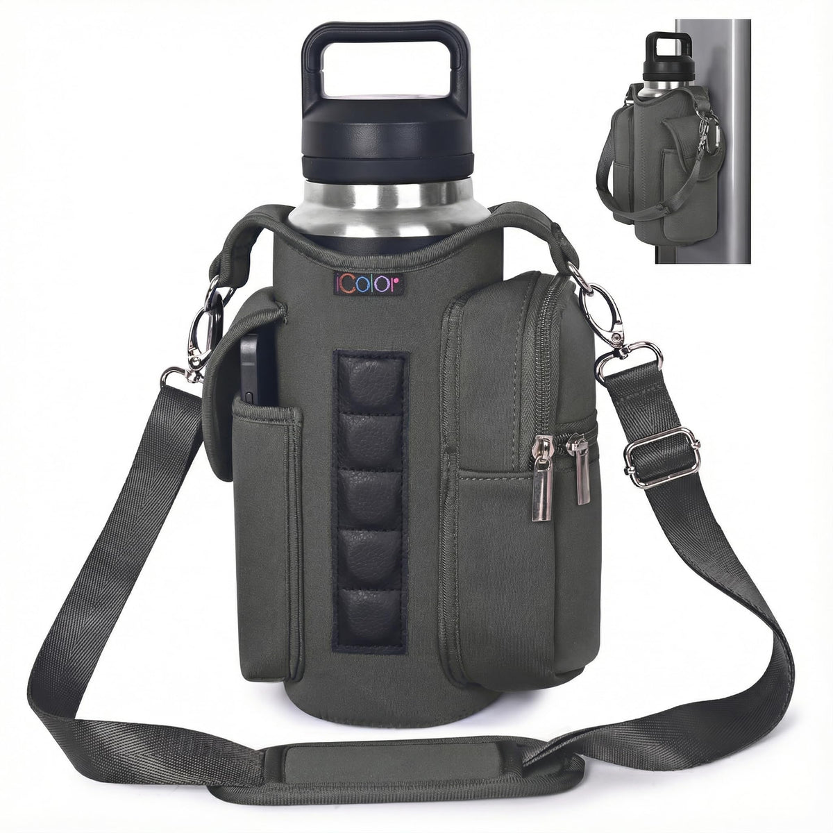 icolor Magnetic Gym Bag Water Bottle Carrier Holder with Phone Pockets & Shoulder Strap Small Gym Bag 5 Built-in Magnets Gym Accessories Organizer Magnetic Bottle Pouch for Men Women (Gray)