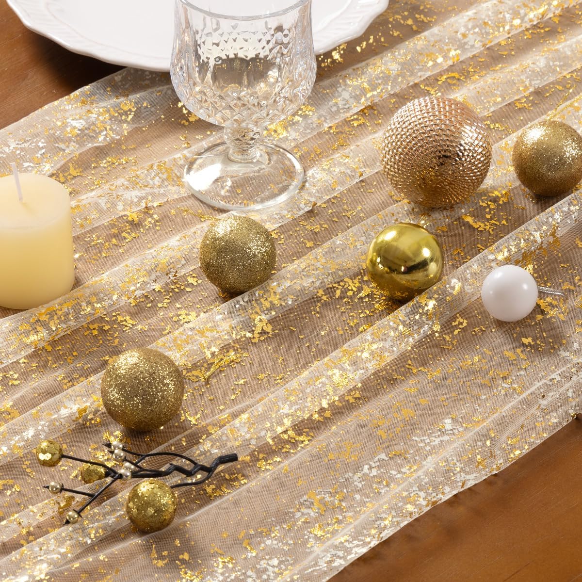 Socomi Gold Table Runner - Sheer Glitter Tulle for Weddings & Parties | 10FT Beige Centerpiece Decor