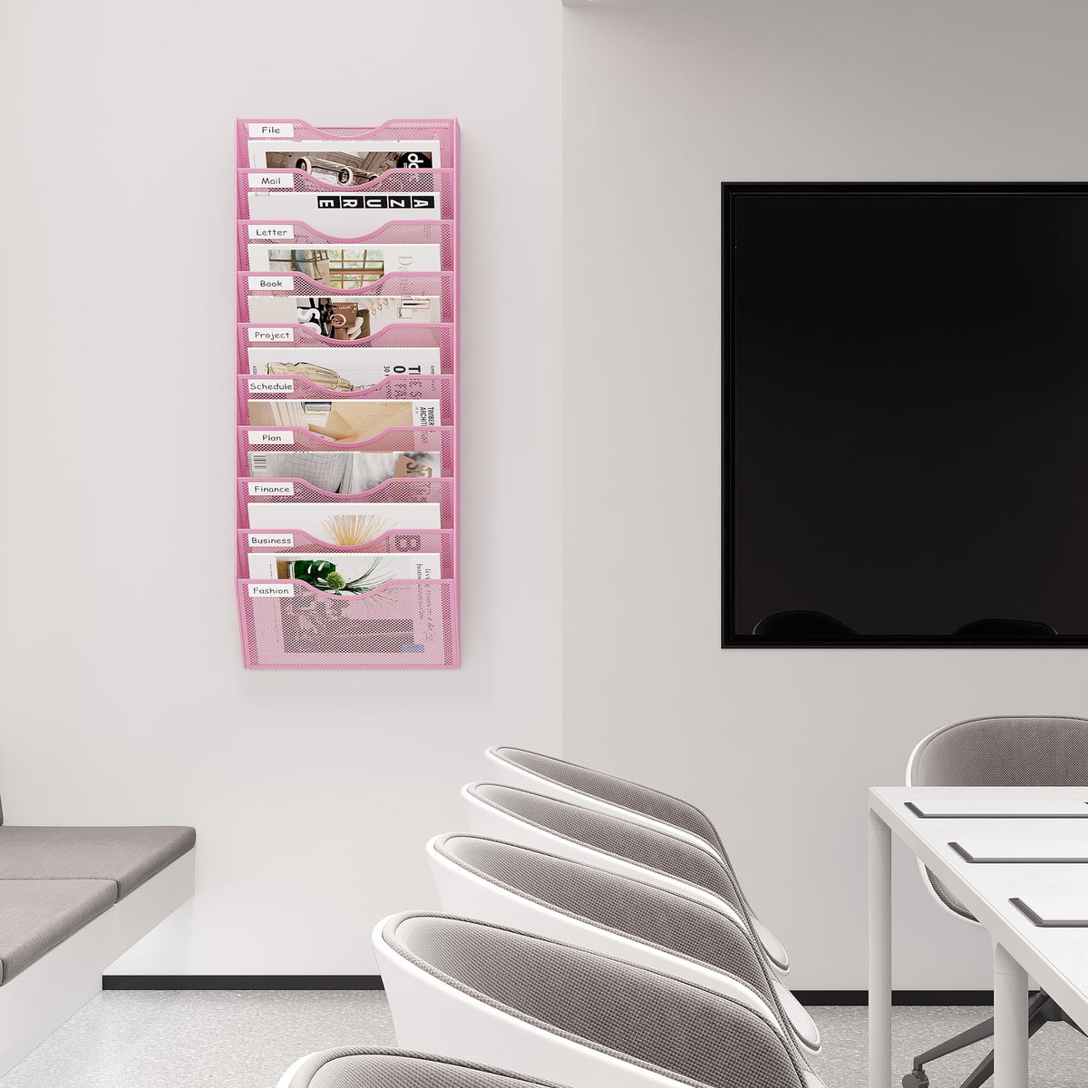 EasyPAG 10 Pocket Mesh Wall File Organizer, Hanging Paper Folder Holder with Classify Label, Vertical Wall Mount Mail Organizer for Office Home Classroom, Pink