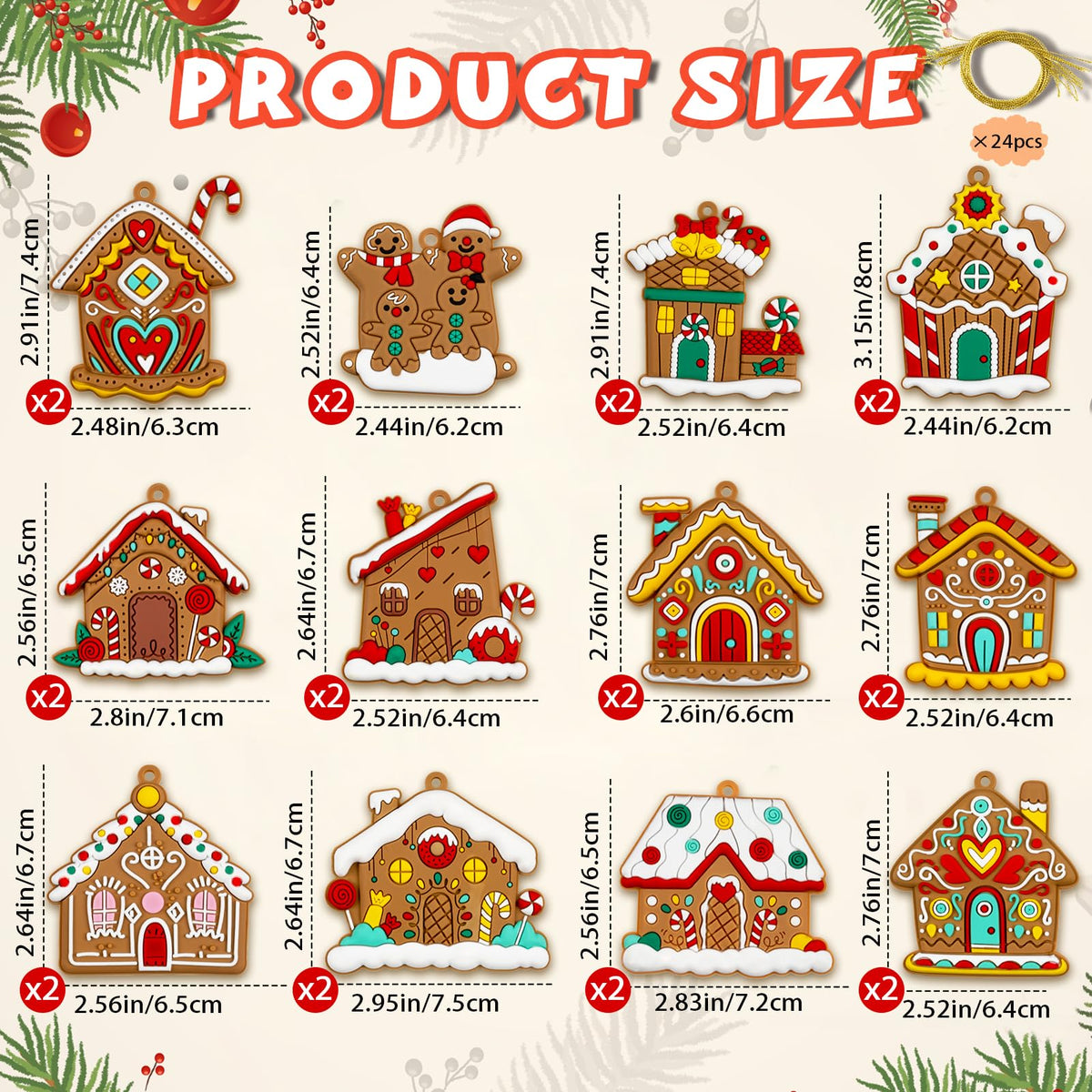 Gingerbread House Ornaments Christmas Tree Decoration - 24pcs Gingerbread House Christmas Decorations Hanging Ornaments for Holiday Xmas Tree Home Decor