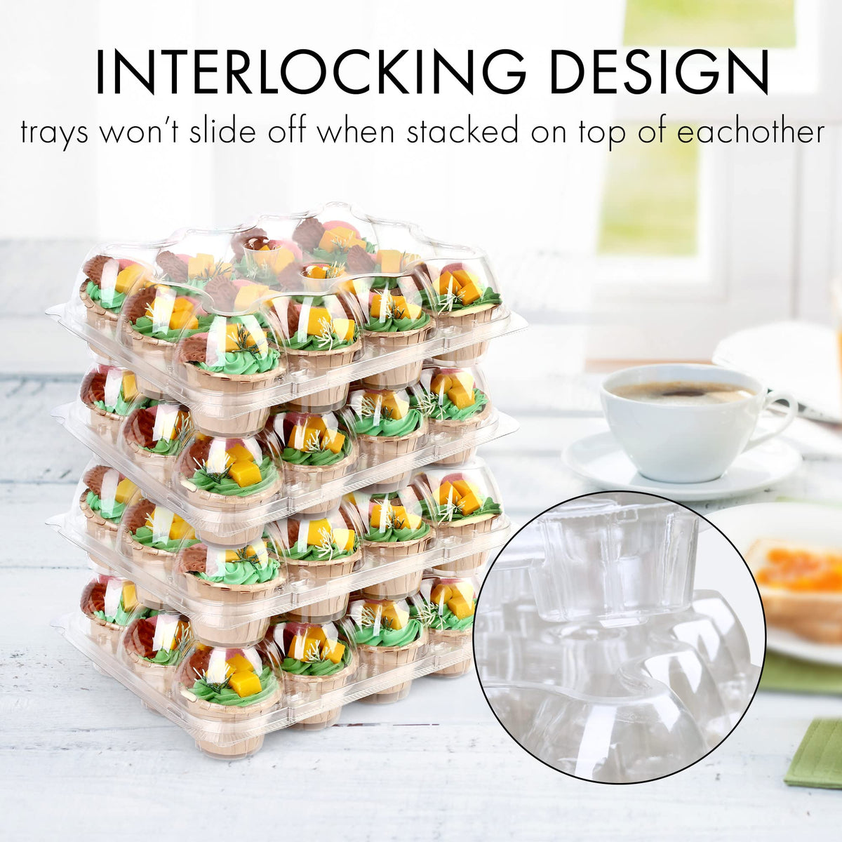LotFancy (12 Count x 5 Sets) Cupcake Containers with 60 Liners, Plastic Stackable Cupcake Boxes, Disposable Muffin Holder with Detachable Tall Dome Lid, BPA Free, Clear Cupcake Carrier, Standard Size