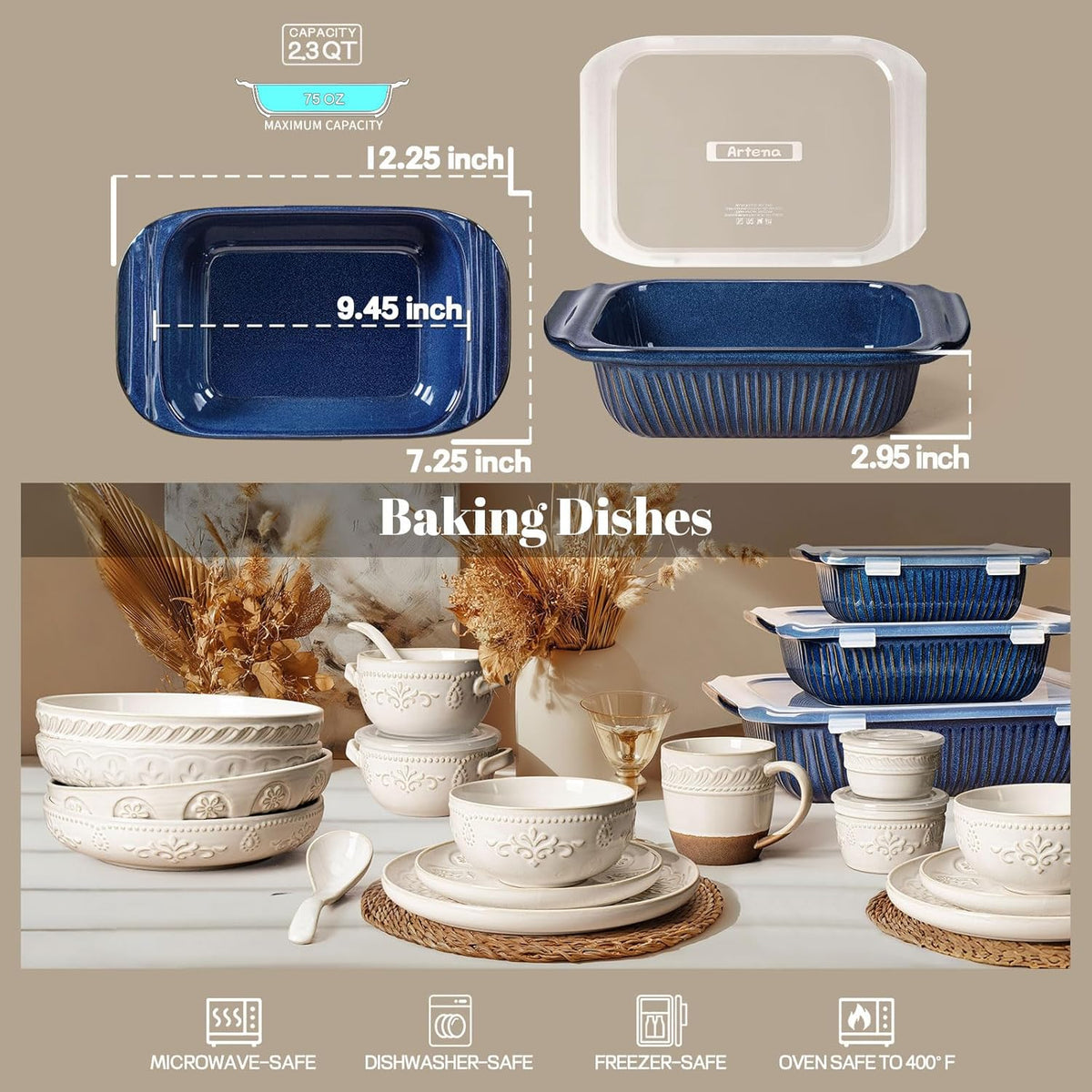 Artena Baking Dish - 2.3 Quart Casserole Dish with Handles | Deep Rectangular Ceramic Bakeware in Blue