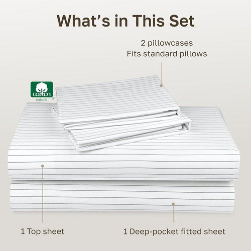 California Design Den Queen Size Bed Sheets Set - 100% Cotton, 400 TC, Smooth Sateen Finish, Deep Pockets - Pinstripe