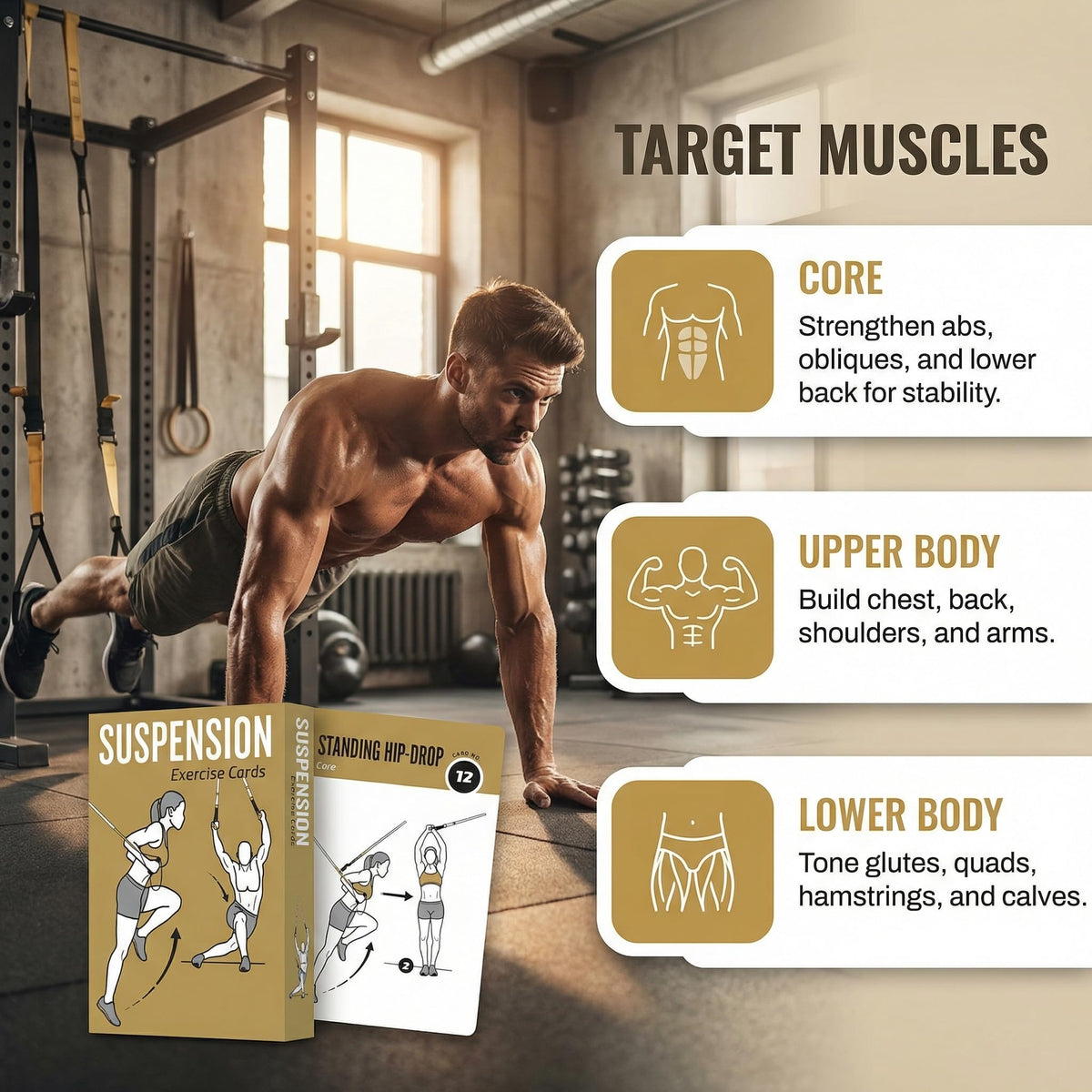 ELAORY Bodyweight & Dumbbell & Suspension1 Workout Cards - 150 Large 5"x3.5" Exercise Cards with 36 Strength Moves, Home & Gym Fitness Cards for Men & Women, Beginner Fitness Guide