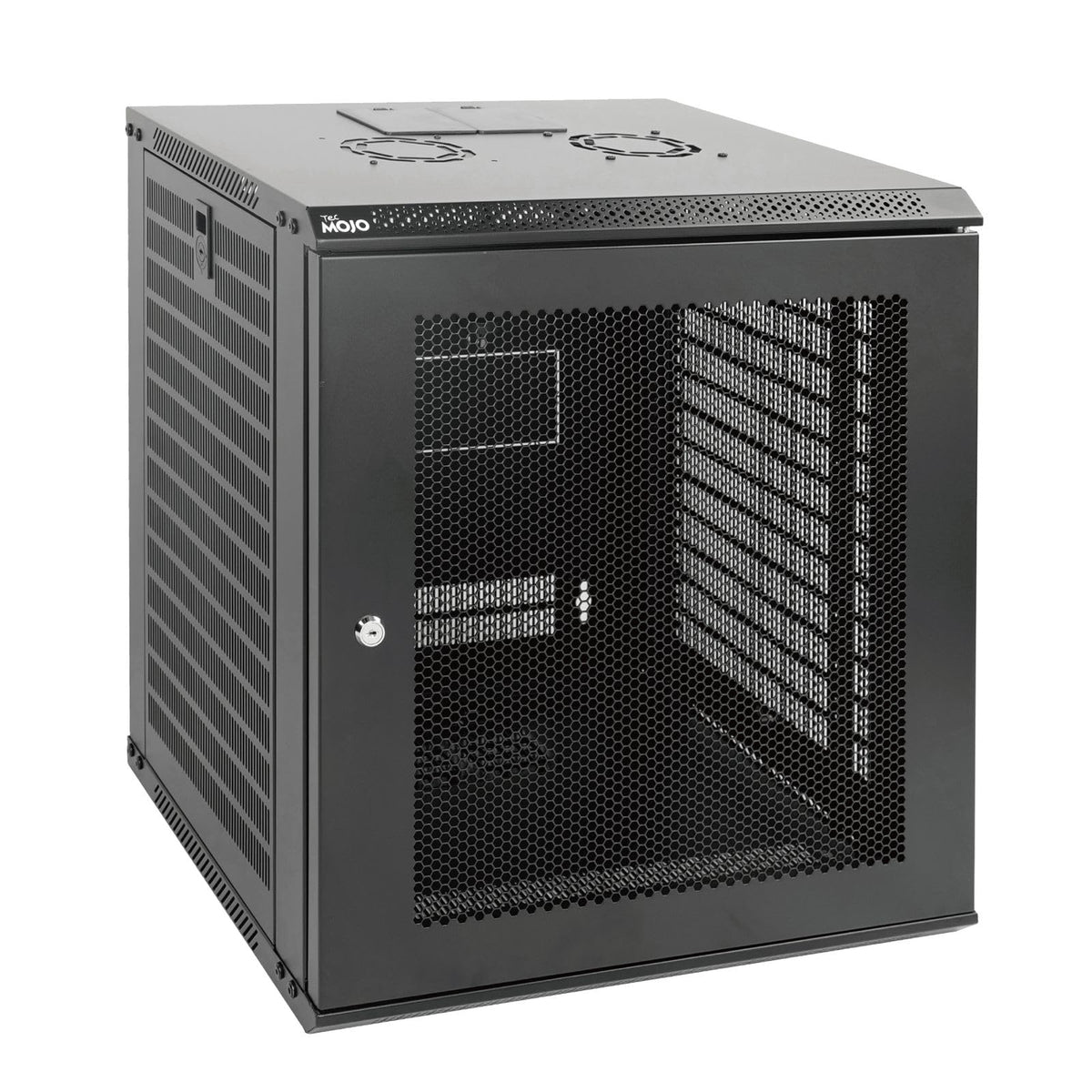 Tecmojo 12U Wall Mount Rack Network Cabinet for 19” IT Equipment,with Lockable Mesh Door and Removable Side Panels,Cooling Fan,Black,17.7inch Deep