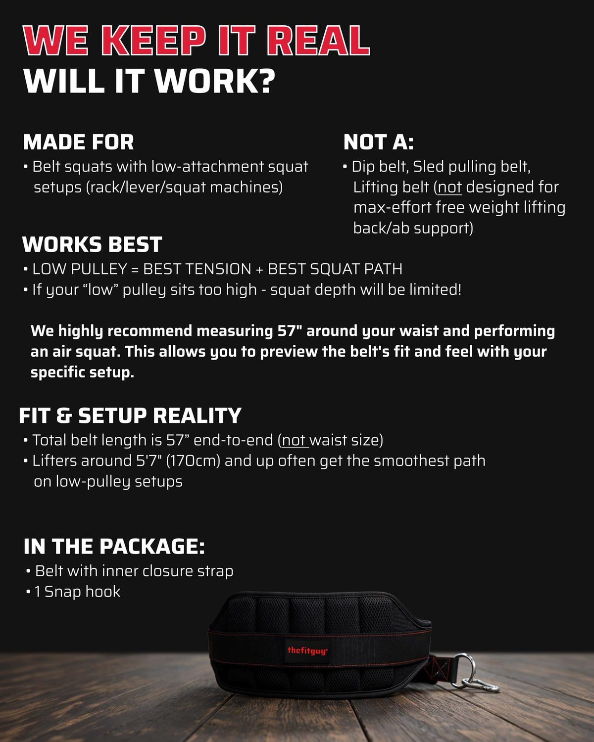 THEFITGUY Ultimate Belt for Belt Squats, Rack Attachment and Squat Machine, Structured Back Support, Stays Low During Down Movement, Padded Hip & Thigh Area, Buckle Strap - No Sliding Down, Heavy Duty