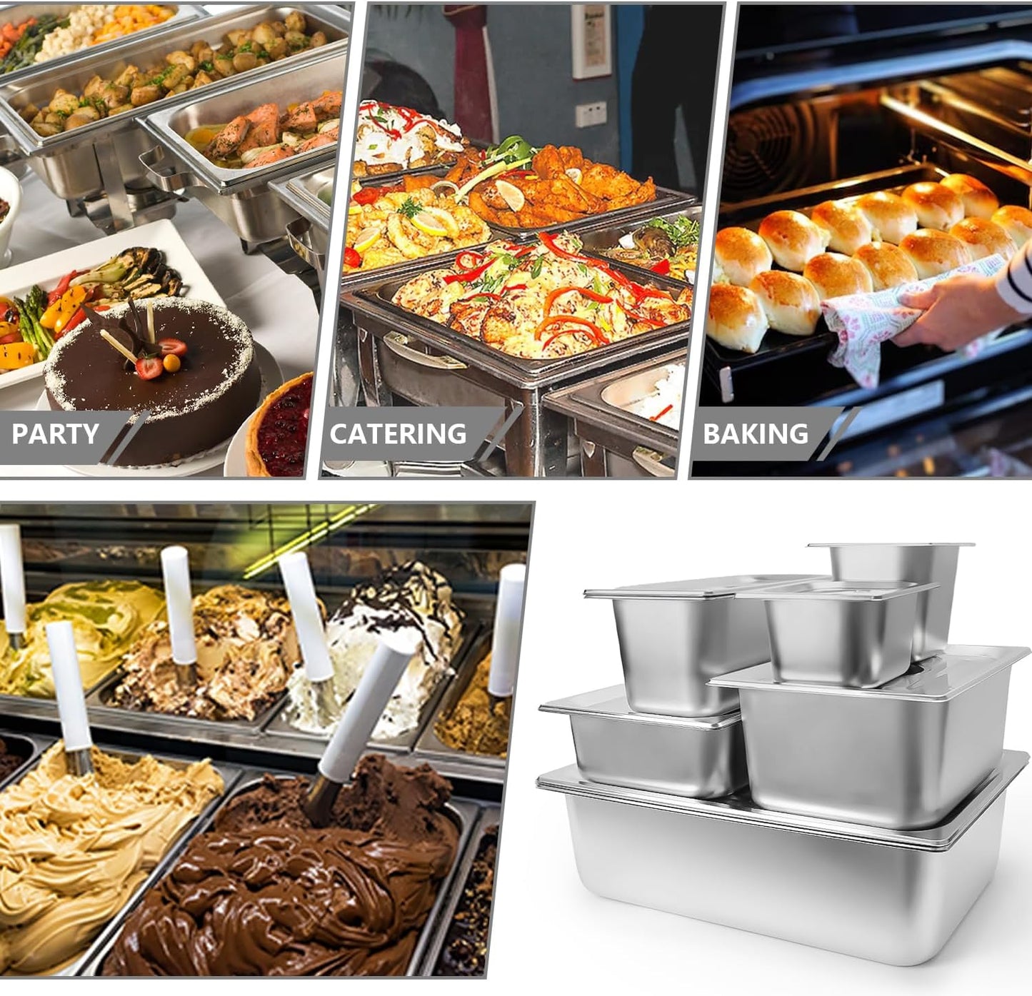 Skiennix 6-Piece Stainless Steel Hotel Pans - 1/2 Size, 2.5-Inch Deep with Lids for Catering & Food Storage