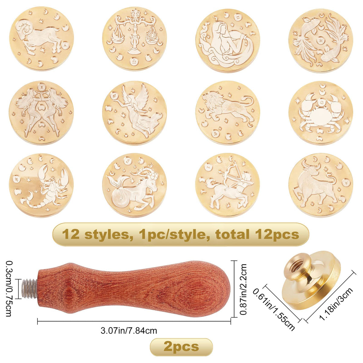 CRASPIRE 12pcs Constellations Wax Seal Stamp Set Tarot Magic Sealing Stamp Heads Kits with 2pcs Wood Handle for Wedding Invitations Envelopes Birthday Gift Cards Scrapbooking