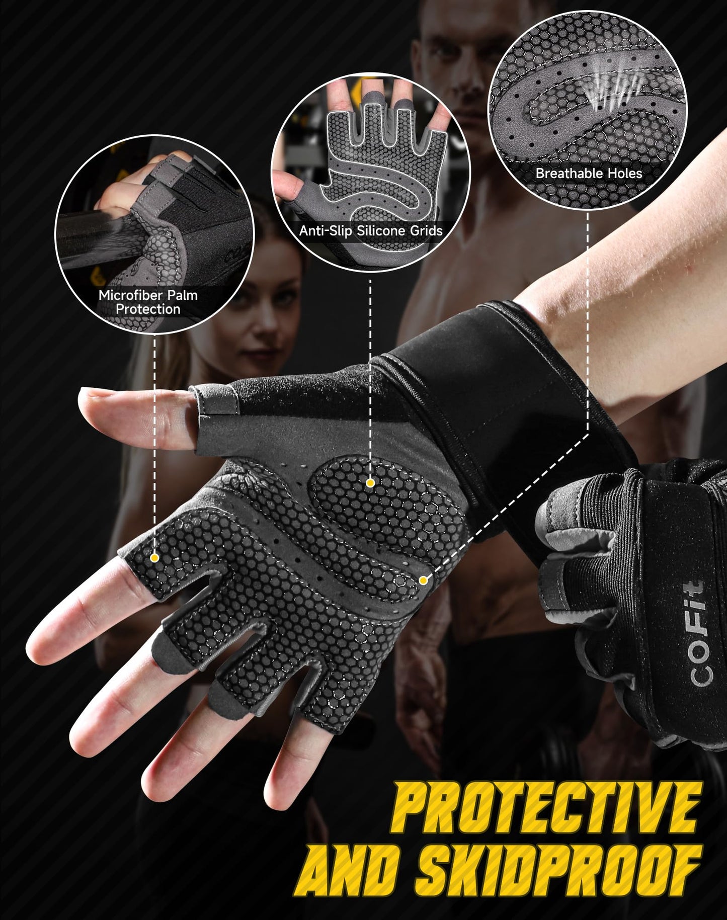 COFIT Breathable Workout Gloves, Antislip Weight Lifting Gym Gloves for Men Women with Wrist Wrap Support, Superior Grip & Palm Protection for Weightlifting, Fitness, Exercise, Training - Black L