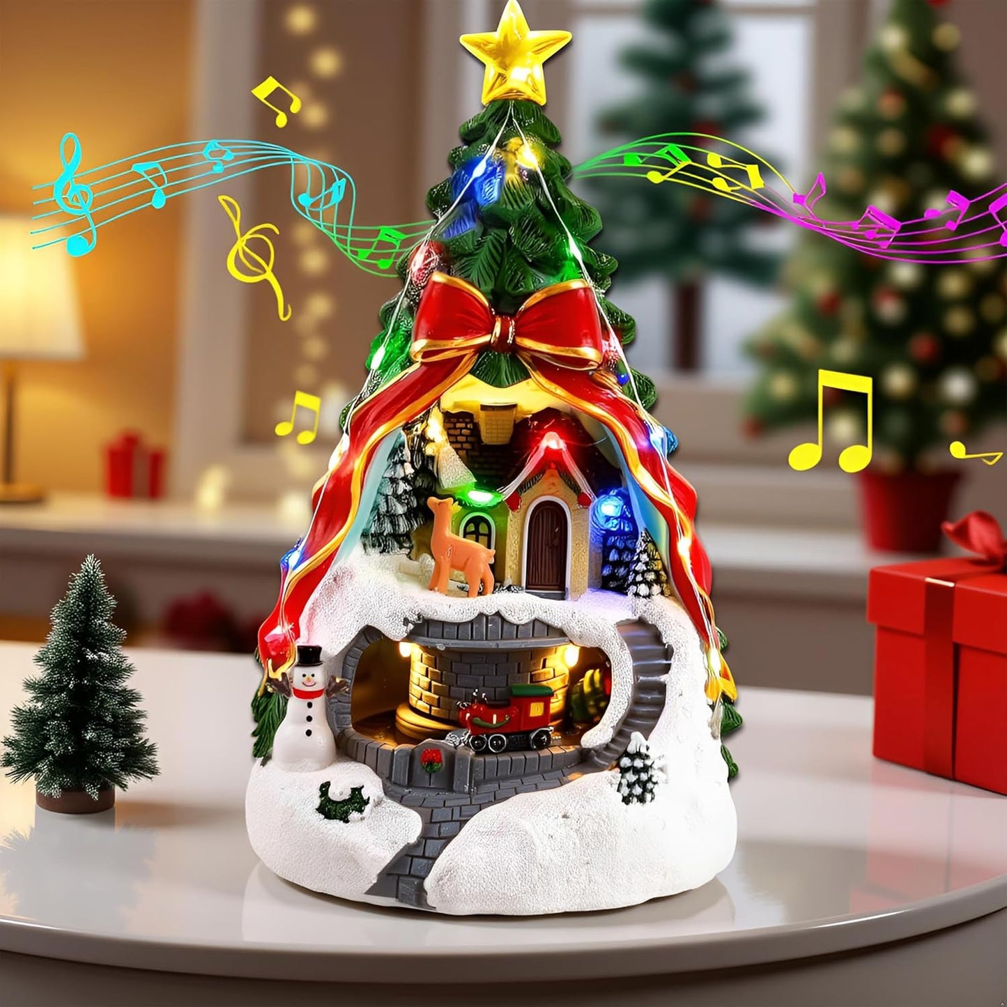 Musical Christmas Village with Spinning Train & Deer | Pre-Lit Artificial Tree - Battery & USB Operated