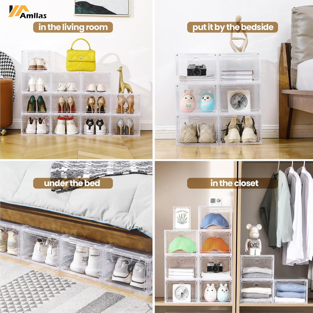 Amllas Clear Shoe Storage Boxes - Stackable & Sturdy Design | Fits Up to US Size 12 (13.8”x 9.84”x 7.1”)