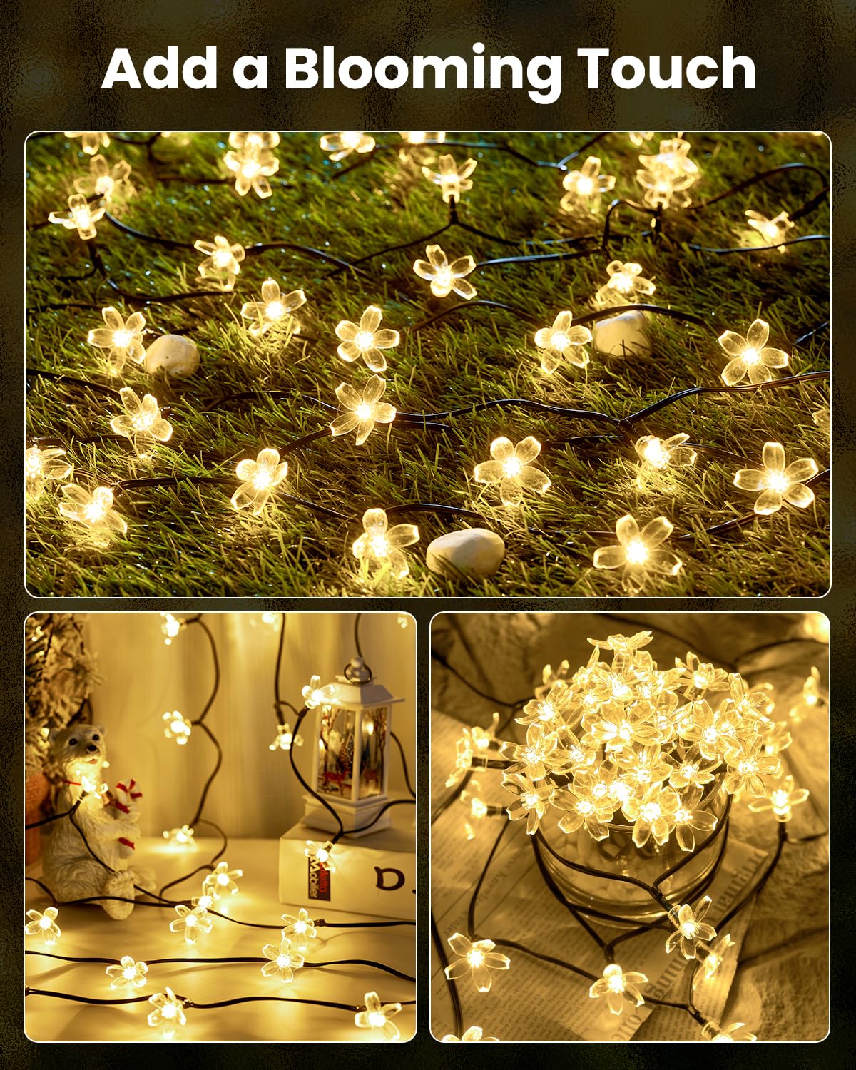 Brightown 60 LED Solar String Lights Flower Outdoor Waterproof Fairy Lights for Garden Yard Fence Patio Christmas Tree Wedding Party Decor, Warm White