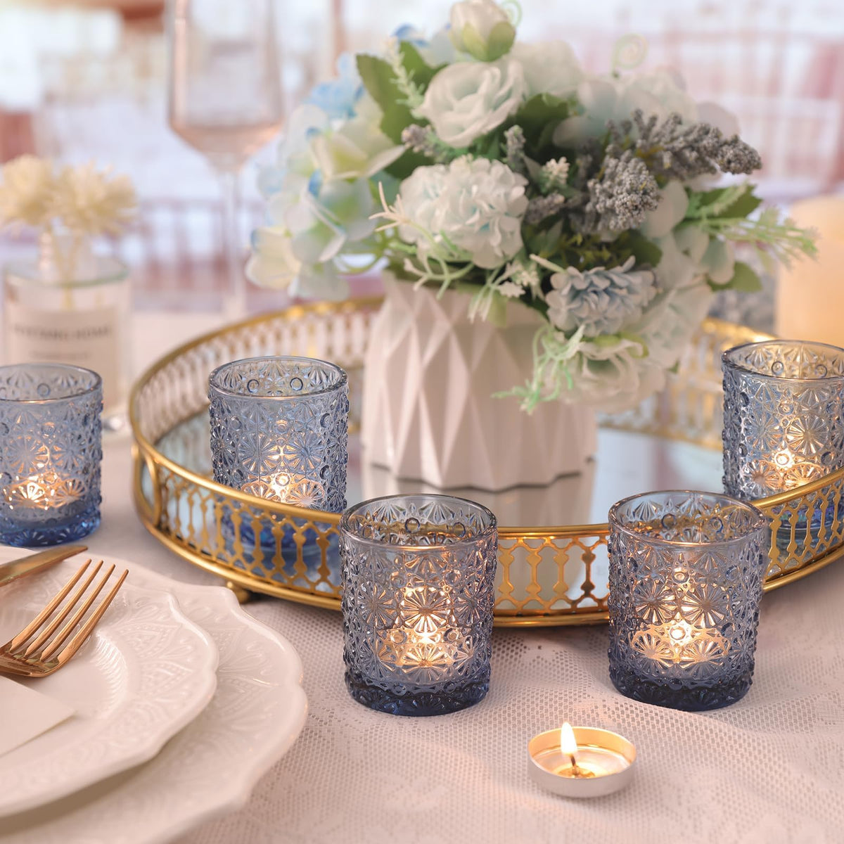 Lanttu Blue Votive Candle Holder Set of 12, Flower Tea Lights Candles Holders for Wedding Table Centerpieces, Birthday Parties, Home Decor, Blue Bridal Shower and Holiday Decorations