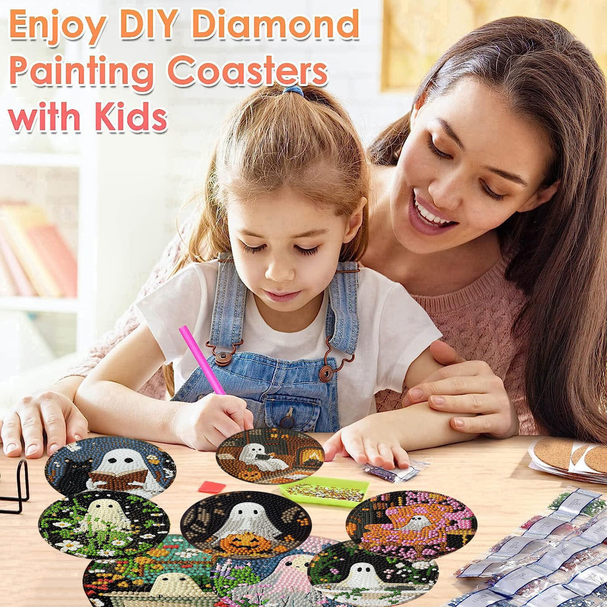 ijbnhd 8 Pack Halloween Diamond Art Coasters Kits, Halloween Diamond Painting Coasters Kit with Holder, DIY Ghost Diamonds Art Non Slip Coaster Crafts Kits for Adults Gifts 4x4 inch (Cork Wooden Pad)