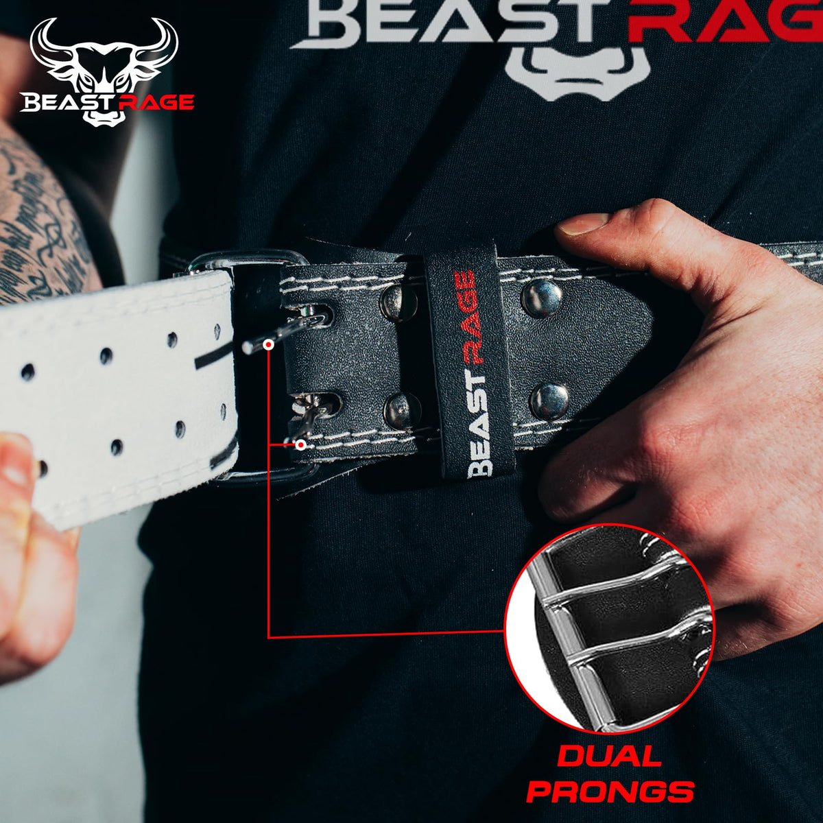 BEAST RAGE Weight Lifting Belt Leather Heavy Duty Gym Body Building Workout Training Weight Lifting Belt Adjustable Holes 4” Padded Lumbar Back Support Exercise Powerlifting Fitness Strength