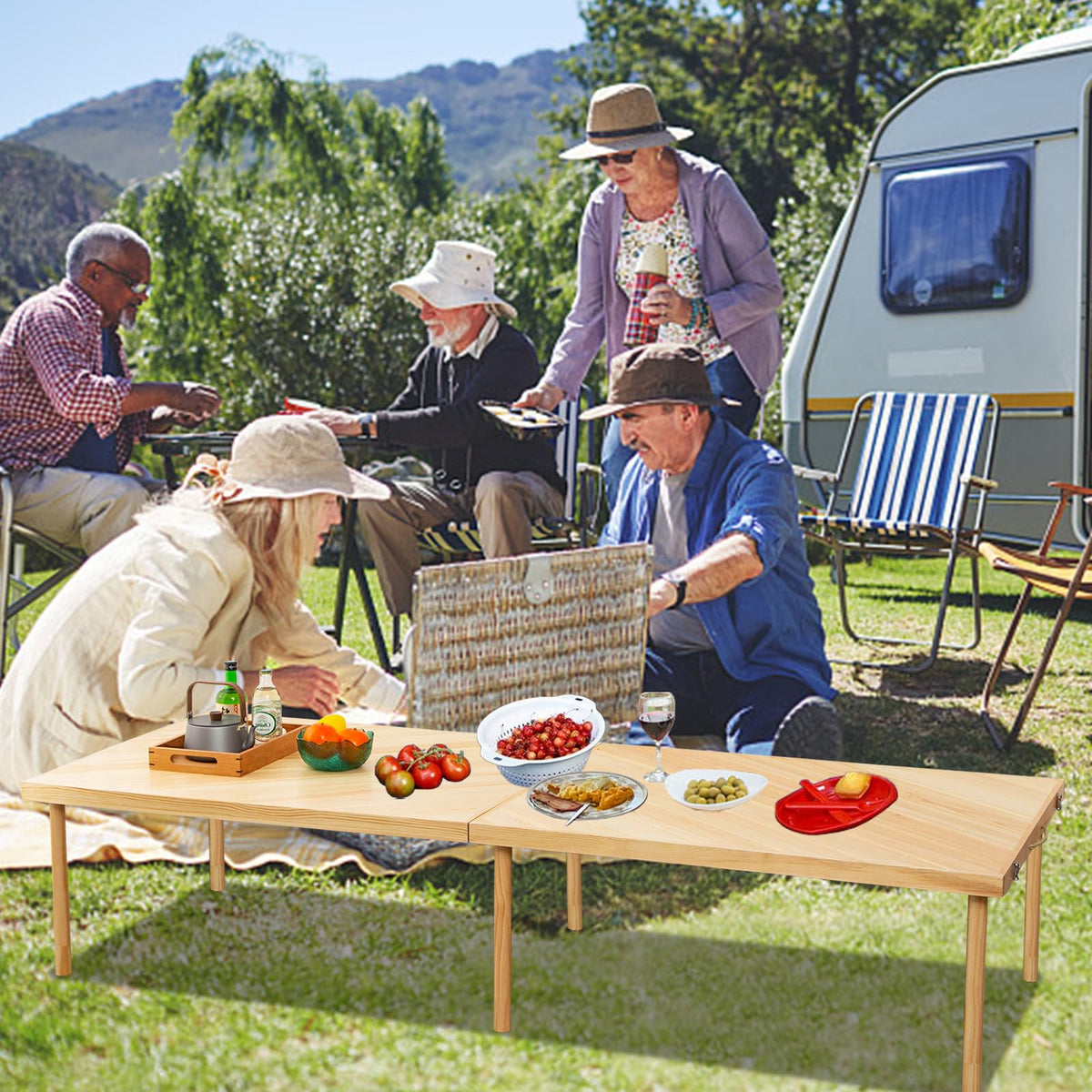 Zupemo 80"x30" Boho Wooden Picnic Table, Portable Outdoor Low Picnic Table with Adjustable Legs 13" & 16" for Floor Seating, Beach, Camping, BBQ, Backyard, 80x30in Seating for 12 People